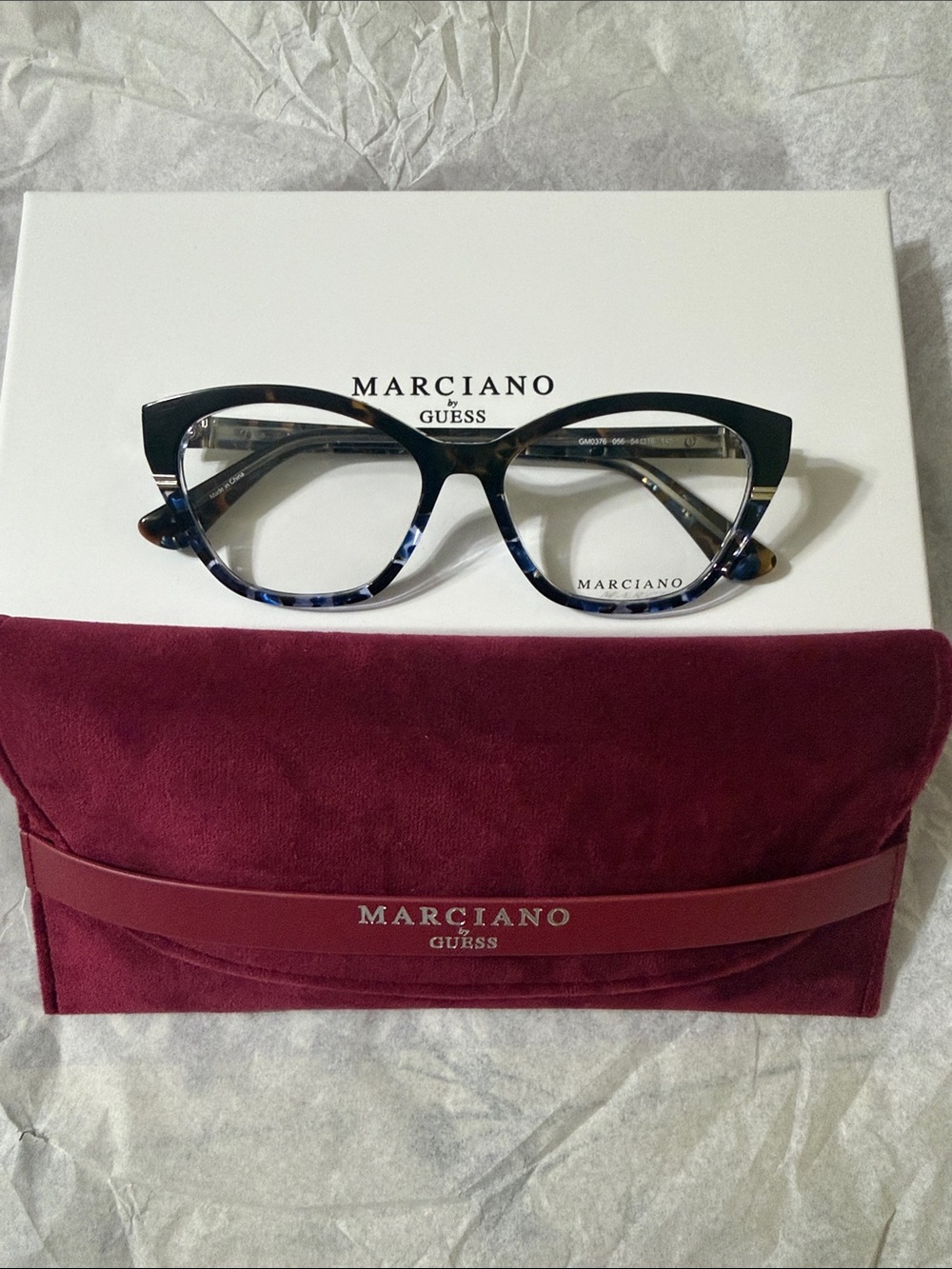 Guess by Marciano Black and Blue Tortoiseshell Cat-Eye RX Glasses